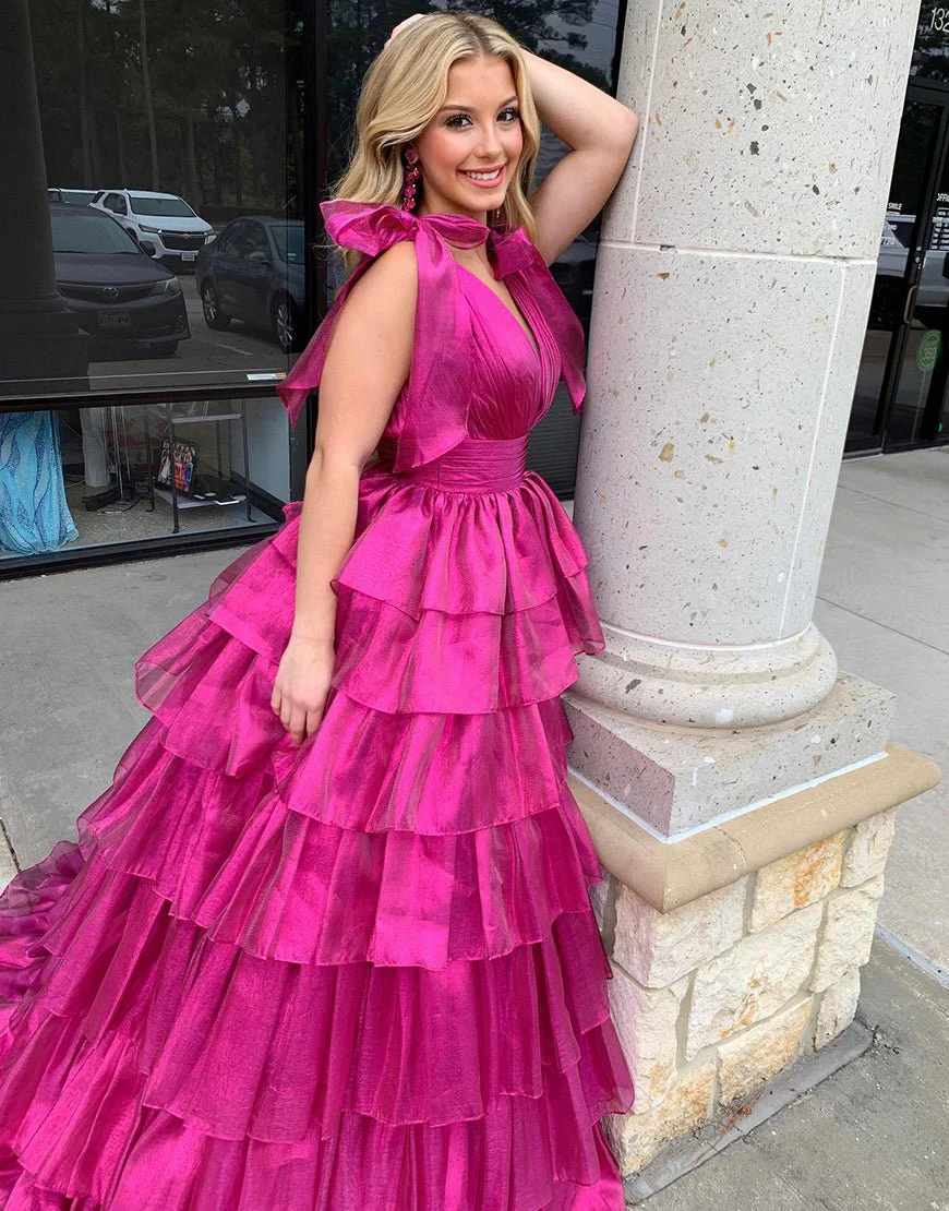 August | Glitter Tie Straps Pink Plunging Neck Tiered Long Prom Dress