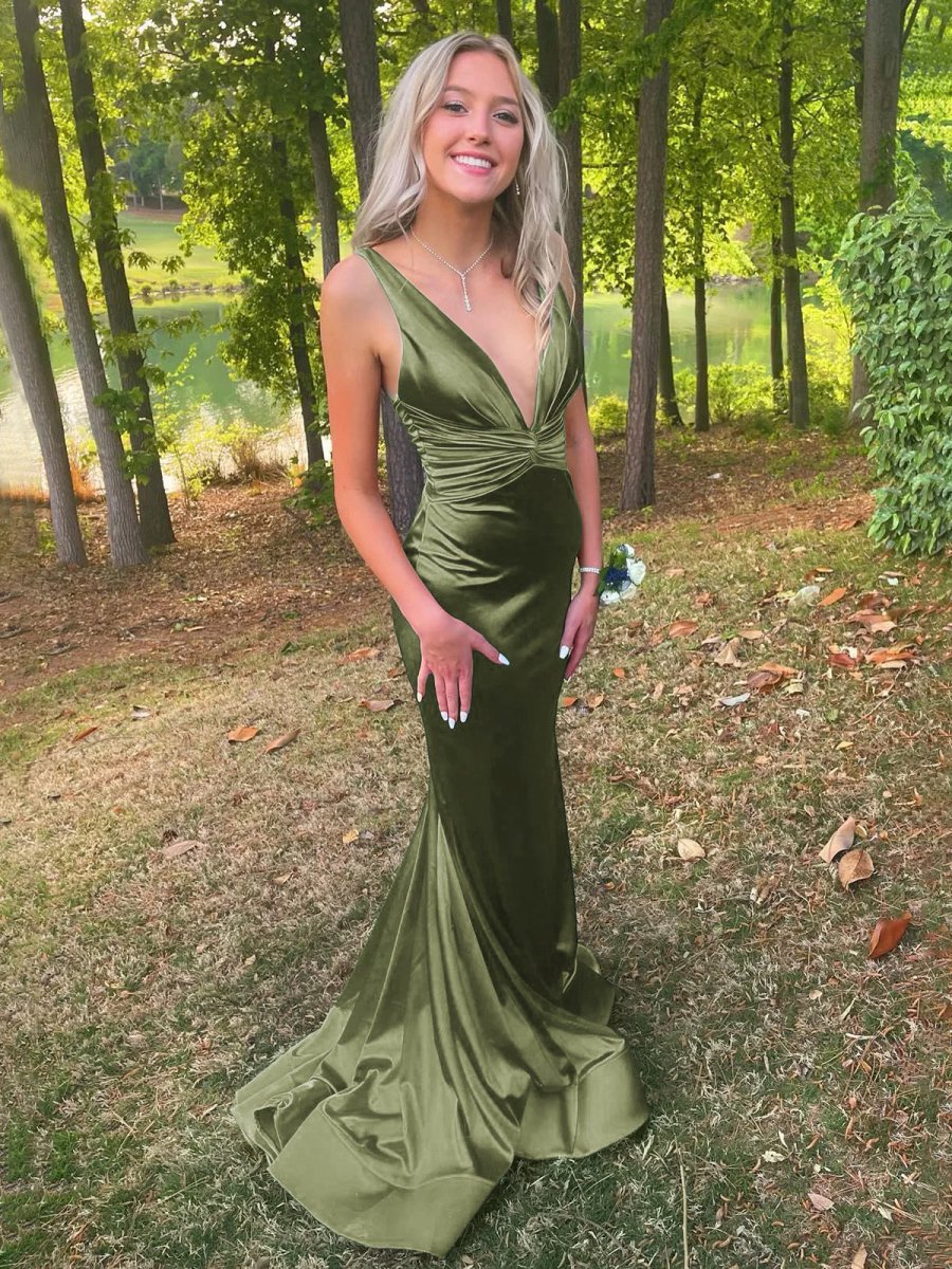 Anwea | Plunge Blue Satin Ruched Mermaid Prom Dress