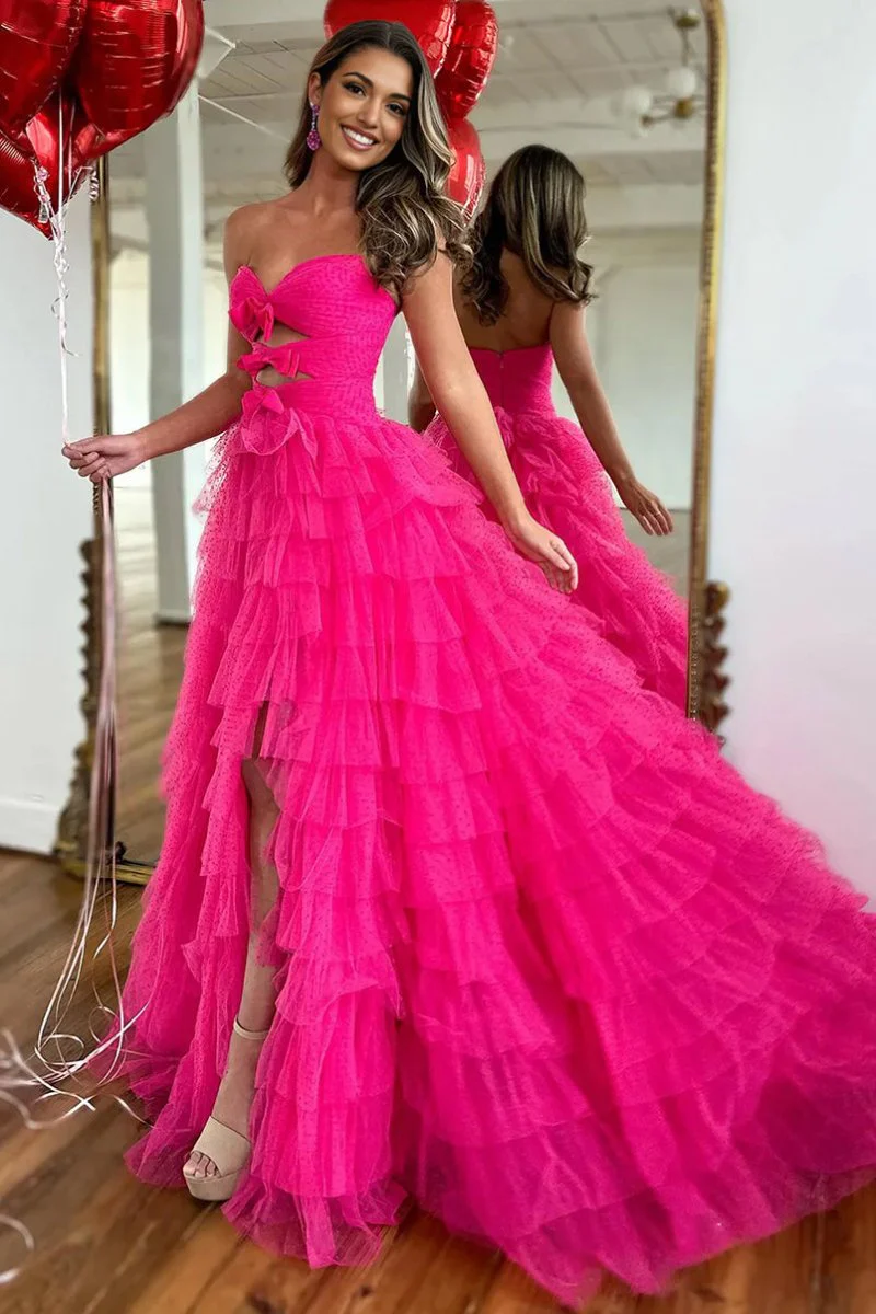 Polka Dot Strapless Ruffle Tiered Prom Gown with Keyholes