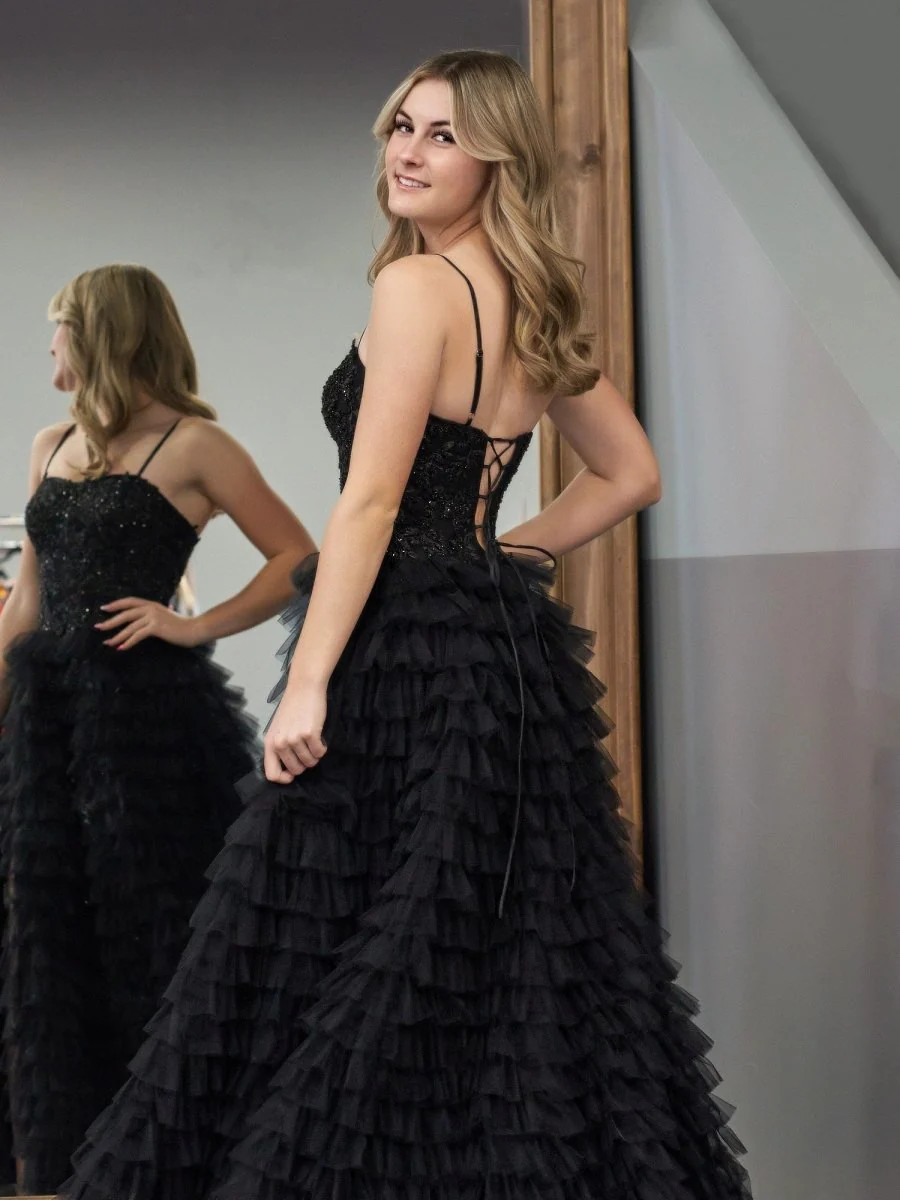 Jordan | Black A-Line Tiered Sequins Tulle Long Prom Dress