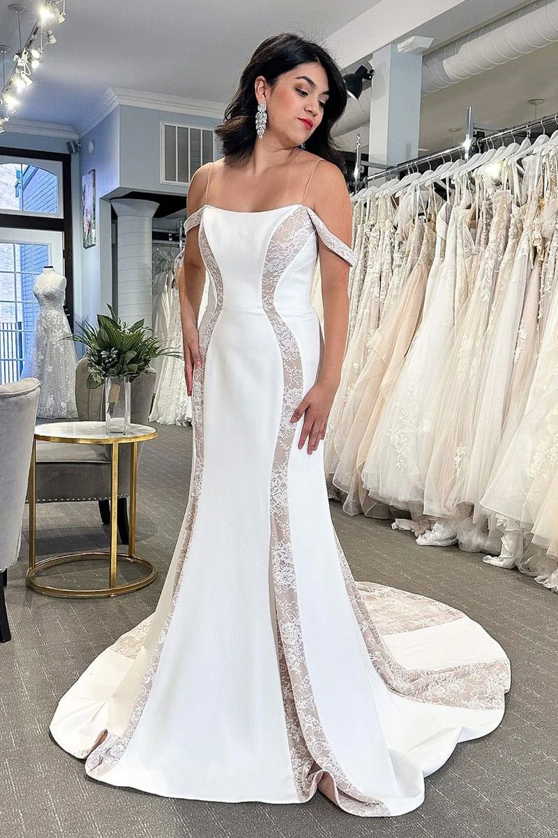 Simple Mermaid Off The Shoulder Satin Wedding Dresses with Appliques