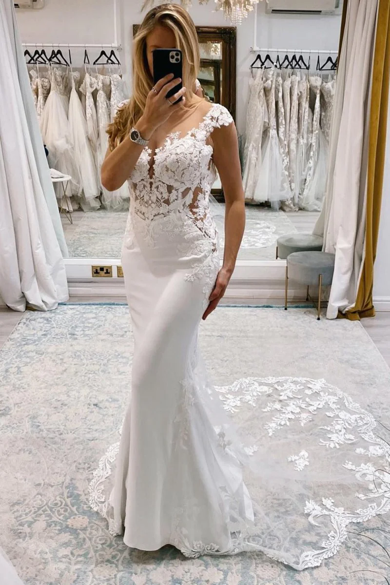 Kimber | White Mermaid Deep V-Neck Backless Long Wedding Dress with Lace