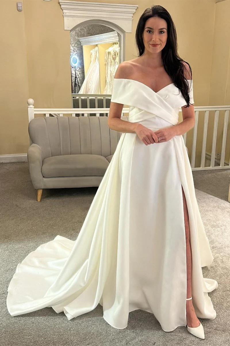 Satin White Off-the-Shoulder Long Wedding Dress with Slit