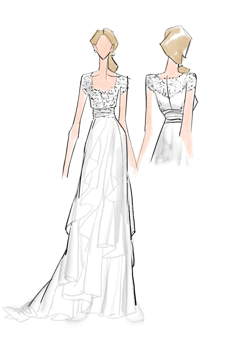 V-neck Ruffles Tiered Skirt A-line Lace Organza Wedding Dress with Cap Sleeves