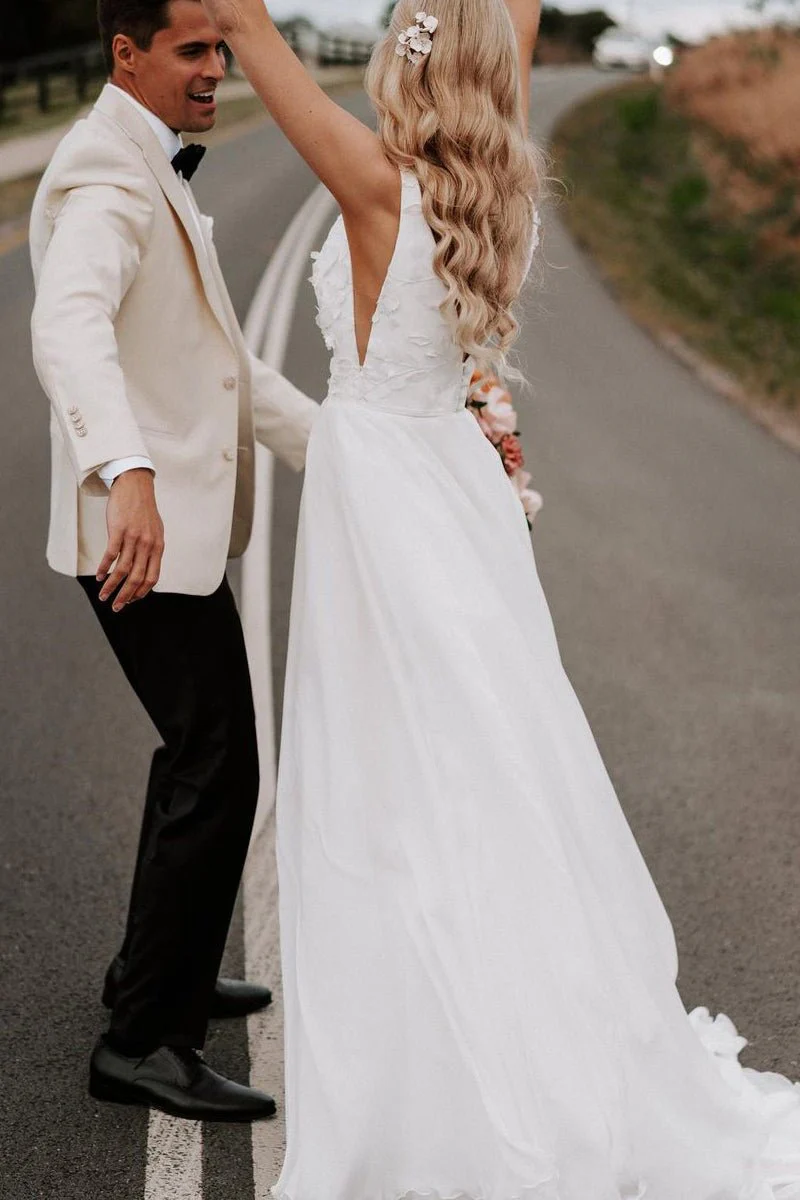 Zuri | Elegant  A-Line V Neck White Chiffon Wedding Dress with Appliques