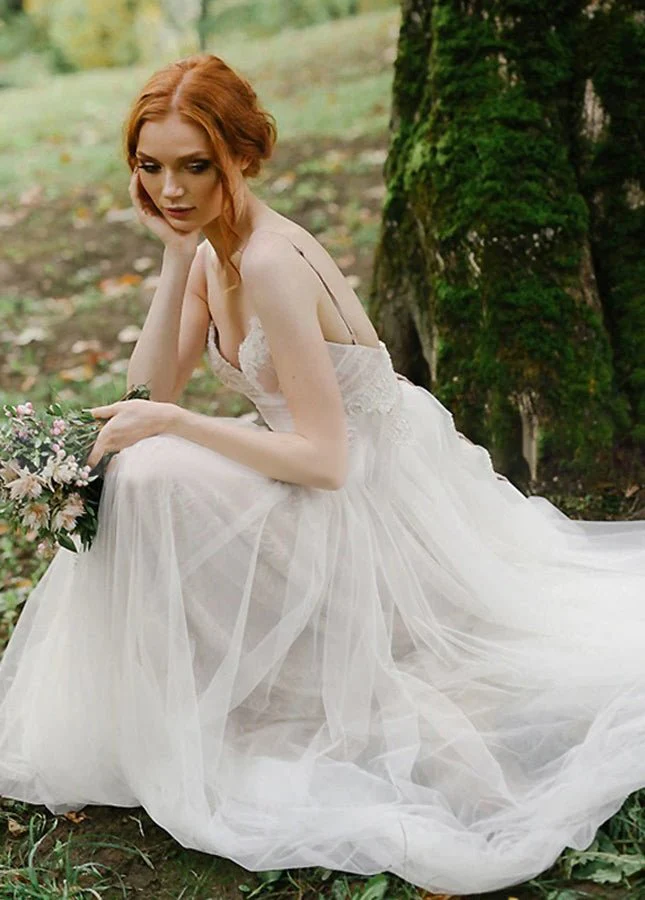 A Line Bohemian Tulle Lace Wedding Dresses Bridal Gowns Beach