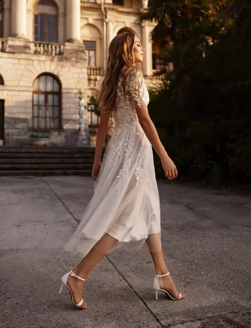 Jayline | Tea Length Sleeves Ethereal Modern A-Line V-Neck Button Back Wedding Dress