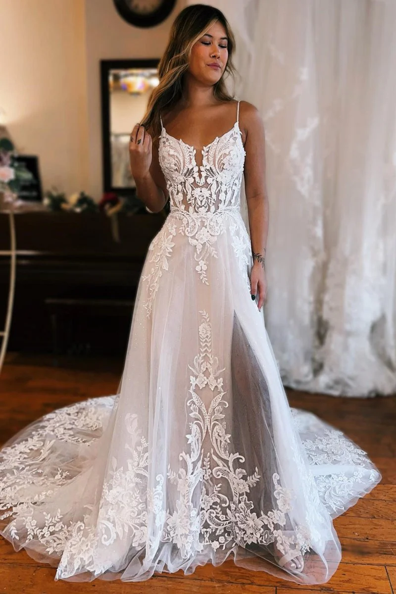 Annika | Ivory Detachable Sleeve High Slit A-Line Wedding Dress with Appliques