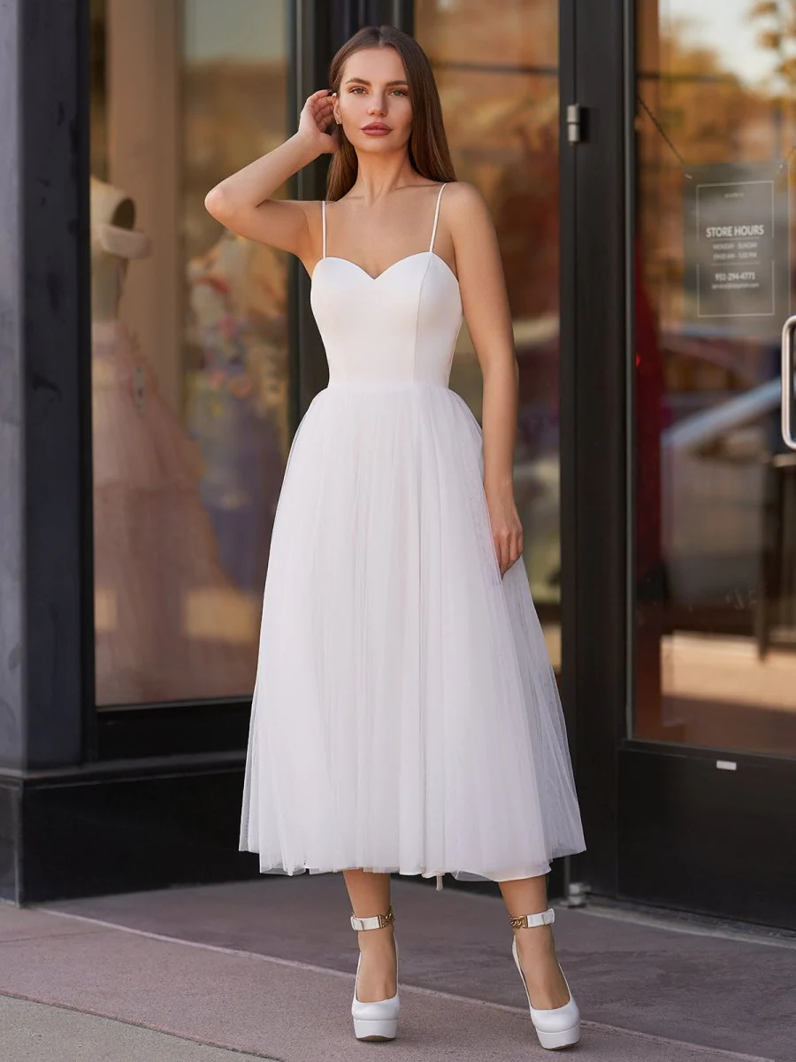 A-Line Spaghetti Straps White Satin Tulle Tea-Length Wedding Dresses
