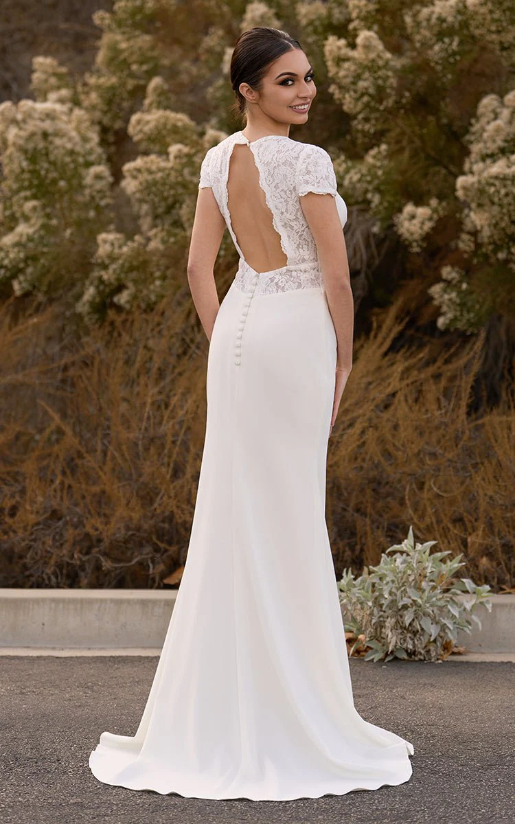Modest Simple Sheath Short Sleeve Empire Floor-Length Sweep Train Chiffon V-neck Wedding Dress