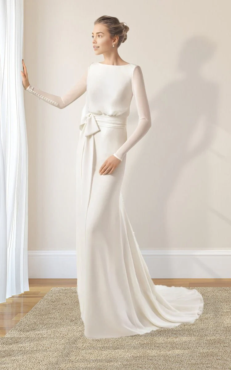Simple Modest Chiffon Long Sleeve Wedding Dress With Decoratived Buttons and Bow