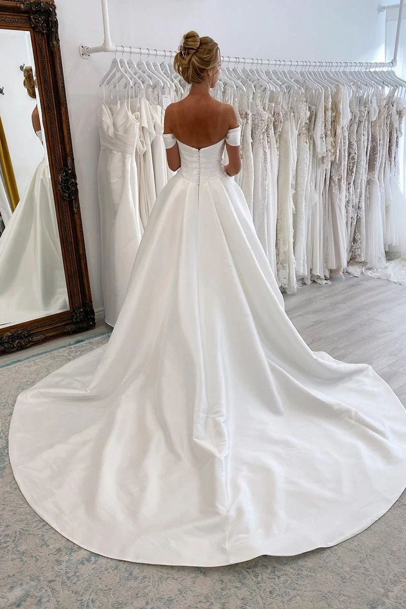 Elly | Elegant A-Line Off the Shoulder White Satin Wedding Dresses