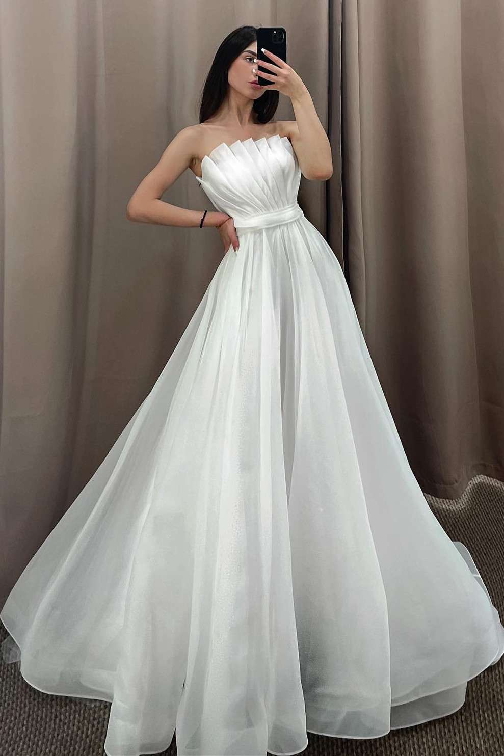 White Off the Shoulder Pleated A-Line Long Wedding Dress with Sleeves