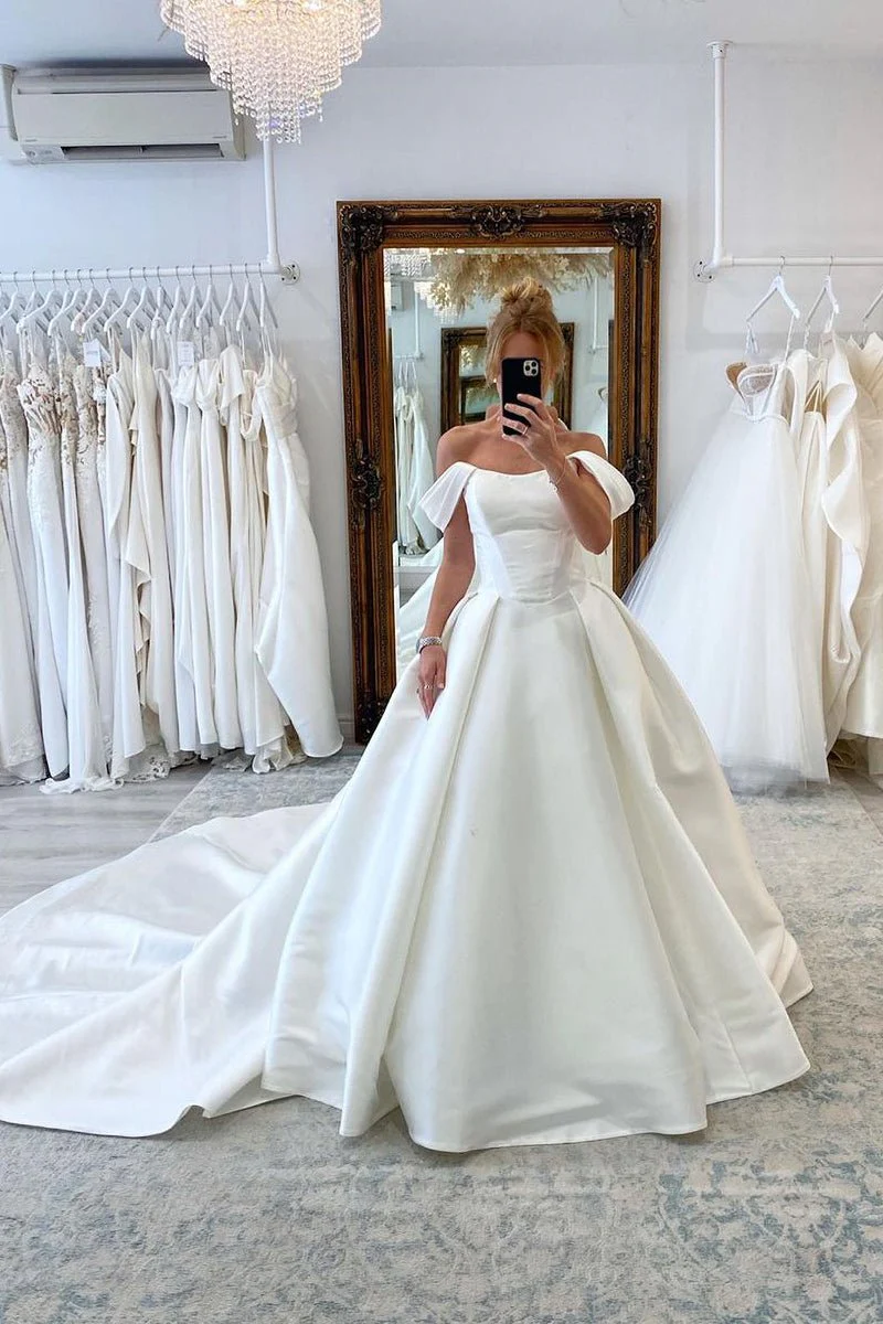 Elly | Elegant A-Line Off the Shoulder White Satin Wedding Dresses