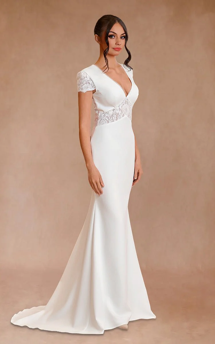Modest Simple Sheath Short Sleeve Empire Floor-Length Sweep Train Chiffon V-neck Wedding Dress