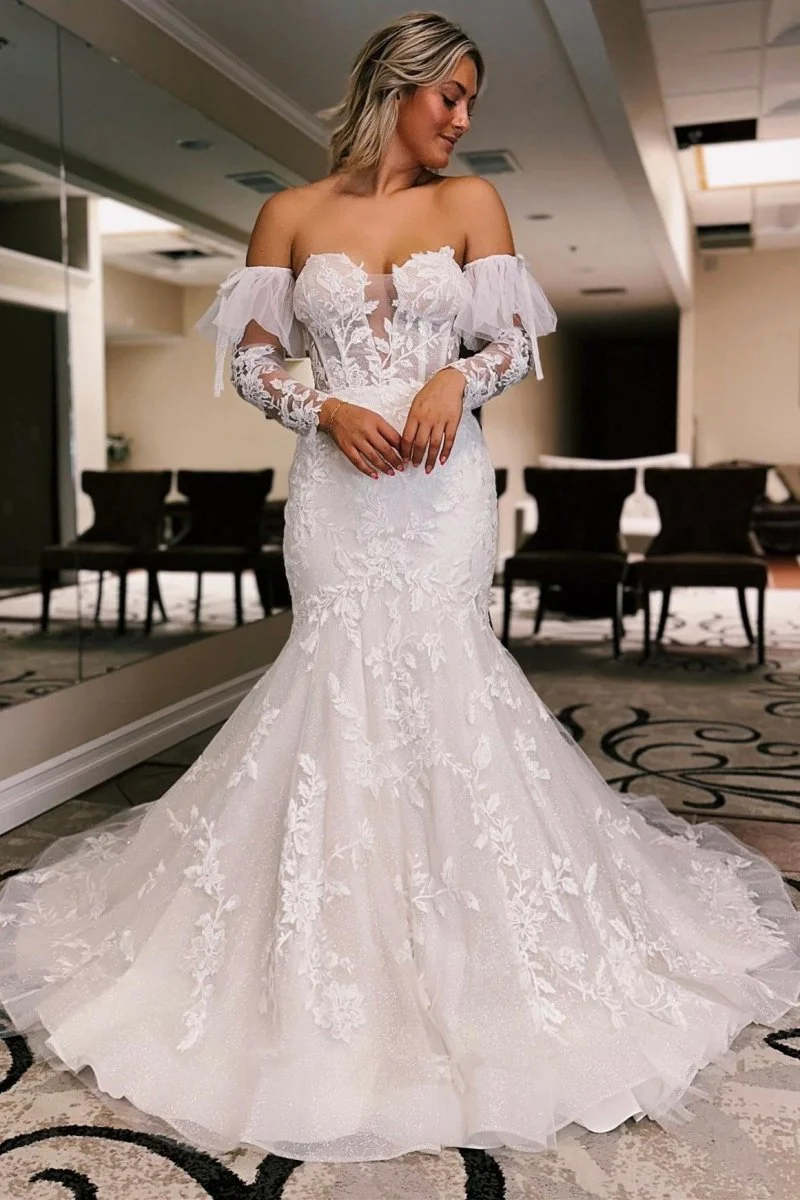 Baylor | White Floral Lace Sweetheart Mermaid Wedding Dress with Detachable Sleeves