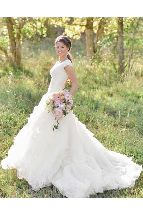 V-neck Ruffles Tiered Skirt A-line Lace Organza Wedding Dress with Cap Sleeves