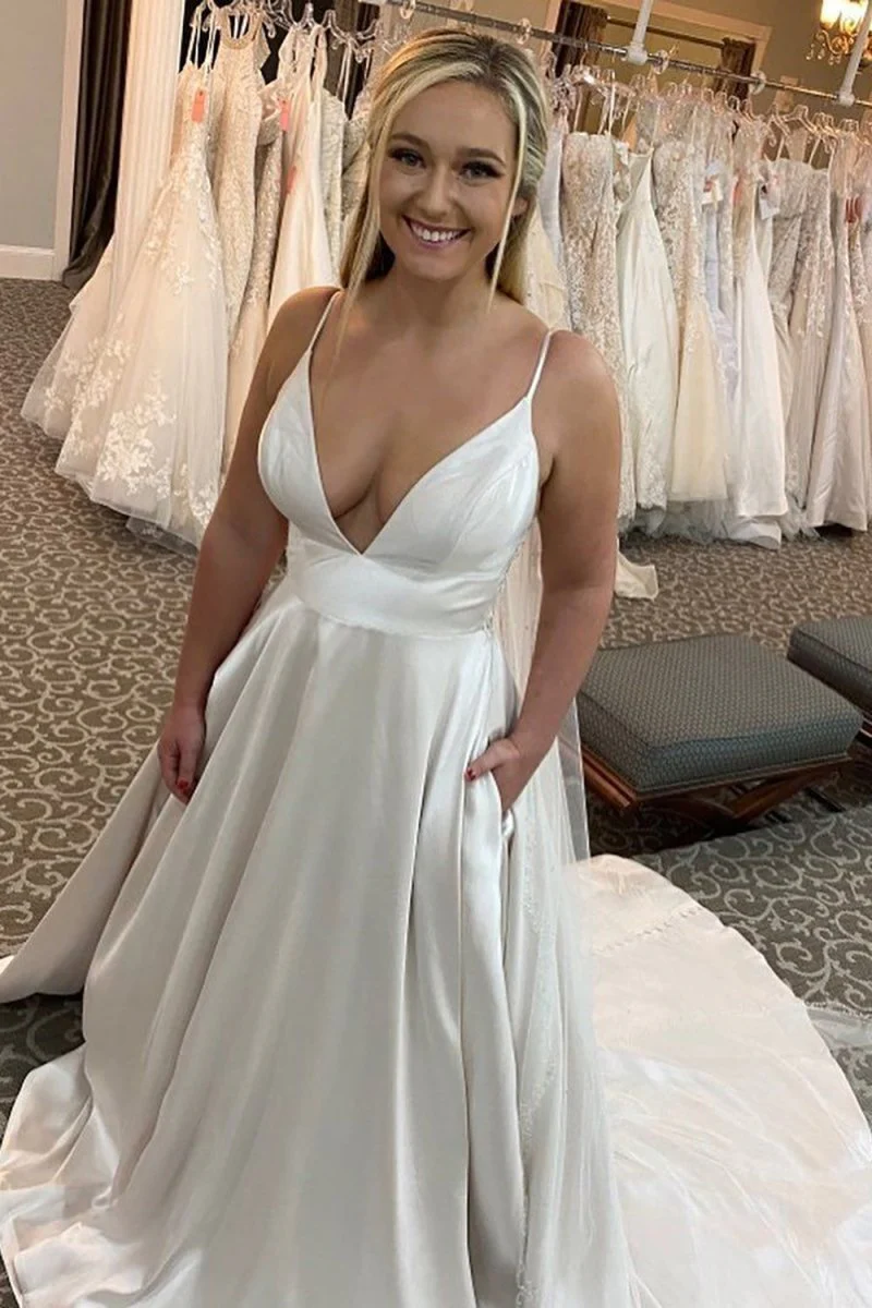 Adele | A-Line Spaghetti Straps White Long Wedding Dress with Beading