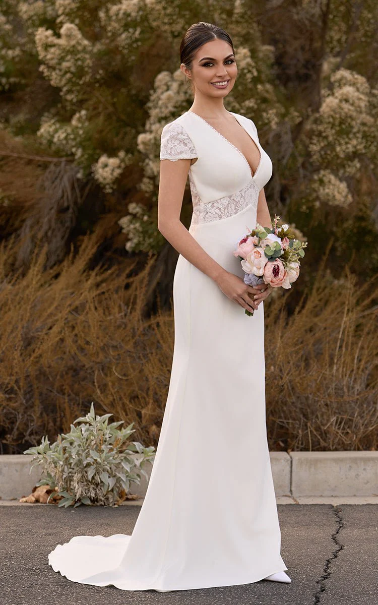 Modest Simple Sheath Short Sleeve Empire Floor-Length Sweep Train Chiffon V-neck Wedding Dress