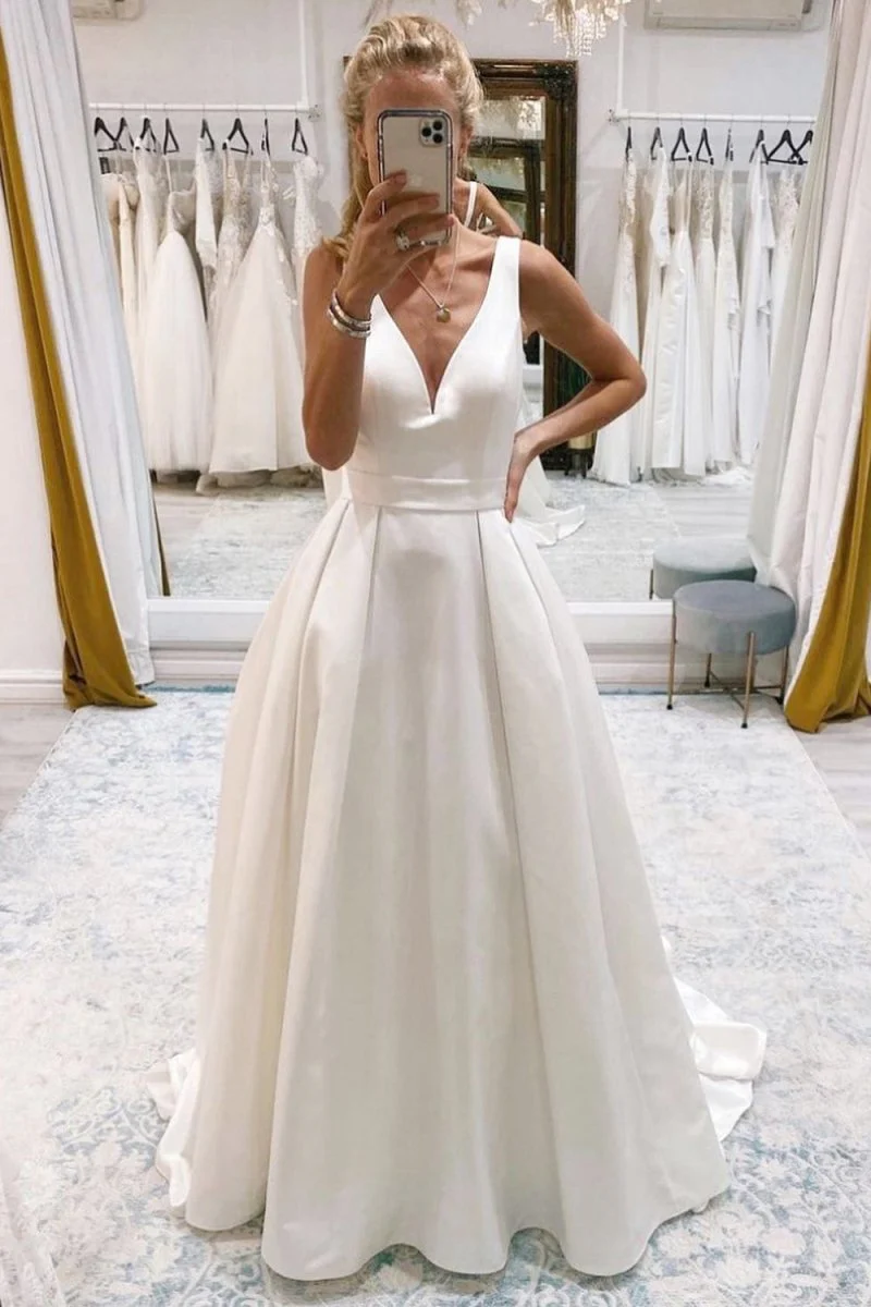 Samira | Ivory A-Line Deep V-Neck Long Wedding Dress with Bowknot