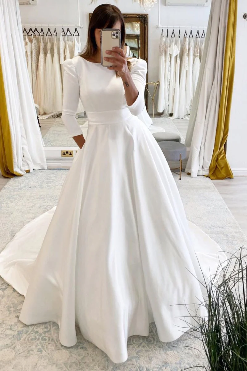 Lea | White Vintage A-Line Long Satin Bateau-Neck Wedding Dress