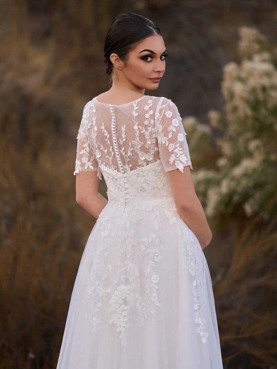 Jayline | Tea Length Sleeves Ethereal Modern A-Line V-Neck Button Back Wedding Dress