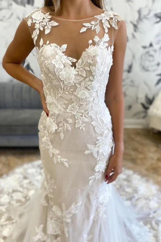Marianna | White Illusion Neck Appliques Mermaid Long Wedding Dress