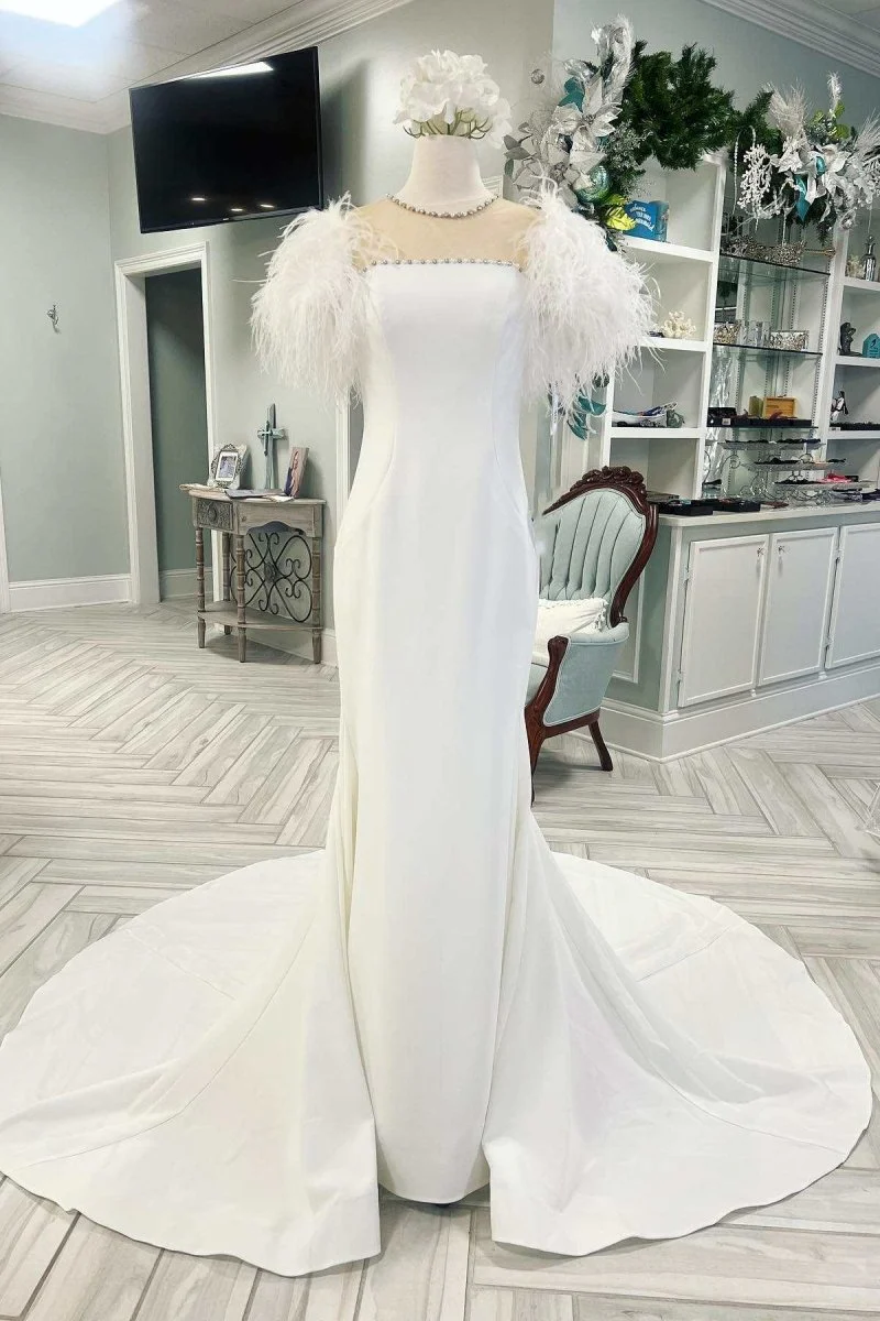 White Feather Illusion Neck Mermaid Long Wedding Dress