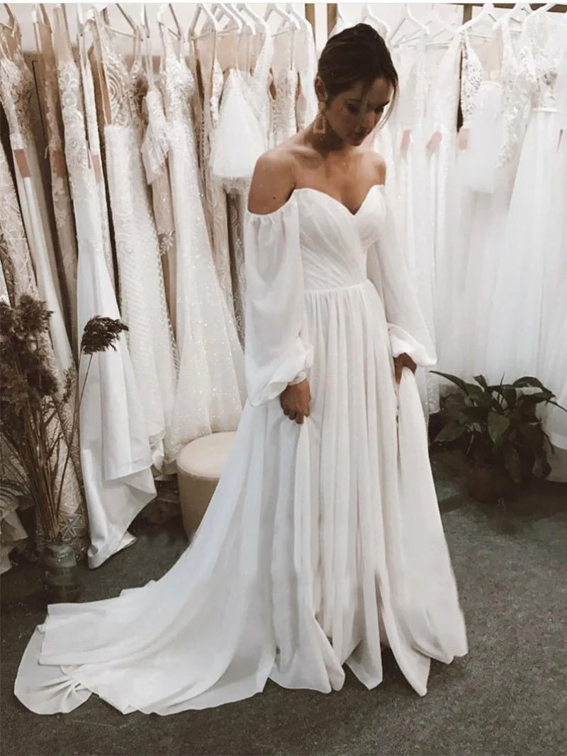 Aritha | Off the Shoulder Chiffon Beach Long-Sleeve Wedding Dresses
