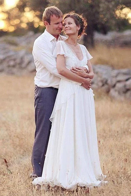 A-Line Sheer Cap Sleeve  Deep V Neck Backless Flower Beading Pleats Chiffon Wedding Dress