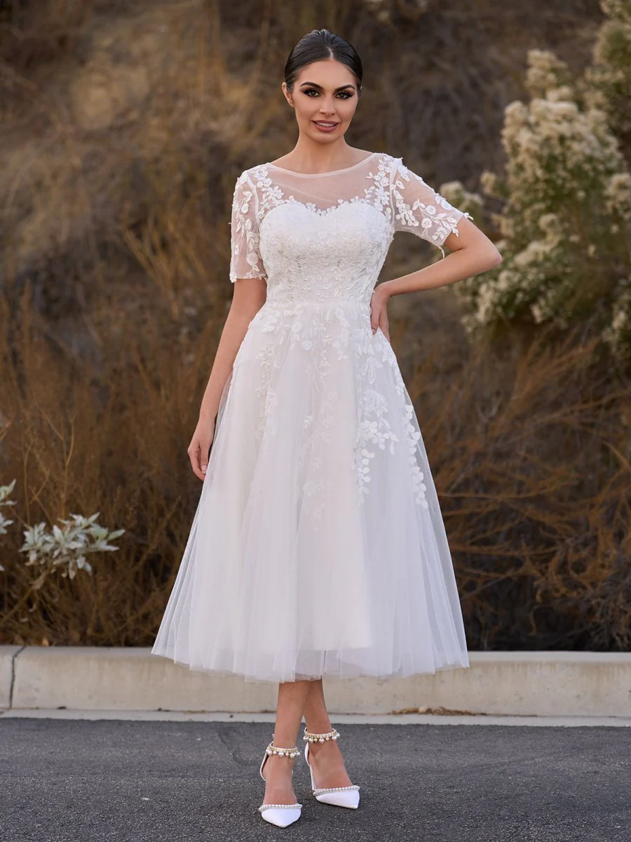 Jayline | Tea Length Sleeves Ethereal Modern A-Line V-Neck Button Back Wedding Dress