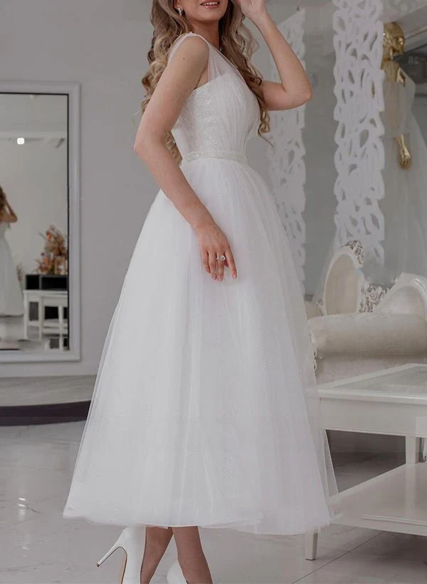 A-Line V-Neck Sleeveless Ankle-Length Tulle Wedding Dresses With Sequins