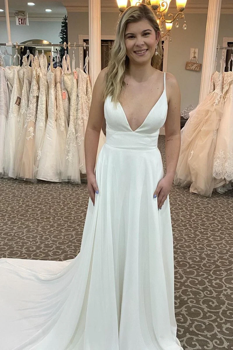 Adele | A-Line Spaghetti Straps White Long Wedding Dress with Beading