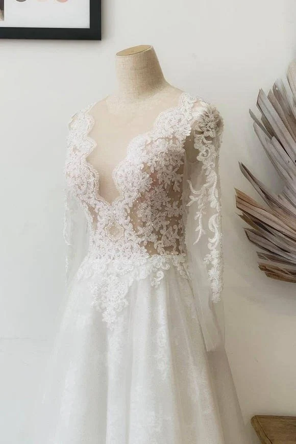Leilany | A-Line Illusion Crew Neck White Lace Wedding Dress