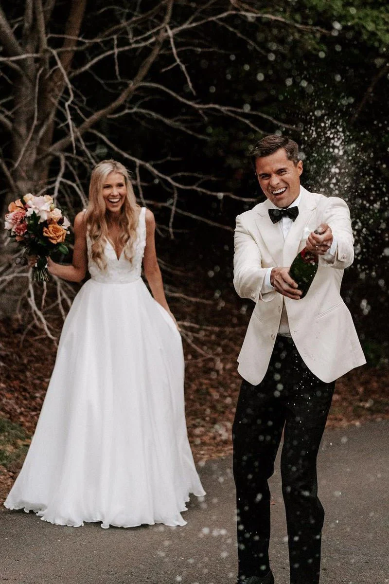 Zuri | Elegant  A-Line V Neck White Chiffon Wedding Dress with Appliques