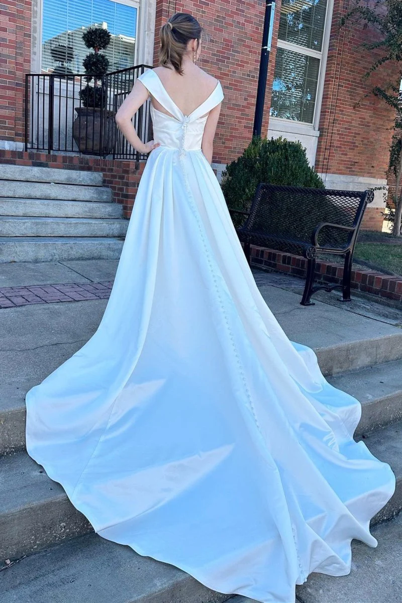 White V-Neck High-Waist A-Line Long Wedding Dress