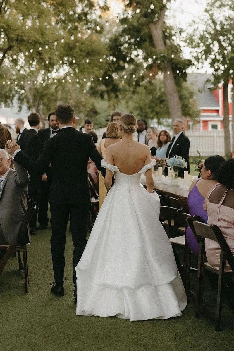 A-Line Satin Off the Shoulder Wedding Dresses with Slit