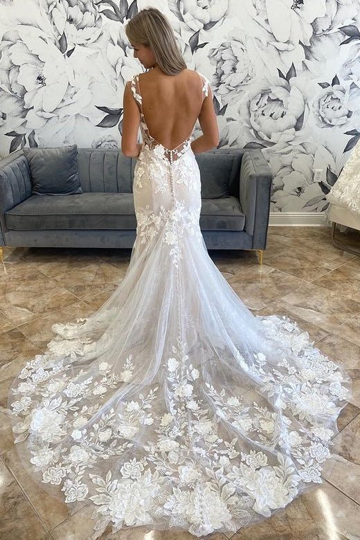 Marianna | White Illusion Neck Appliques Mermaid Long Wedding Dress