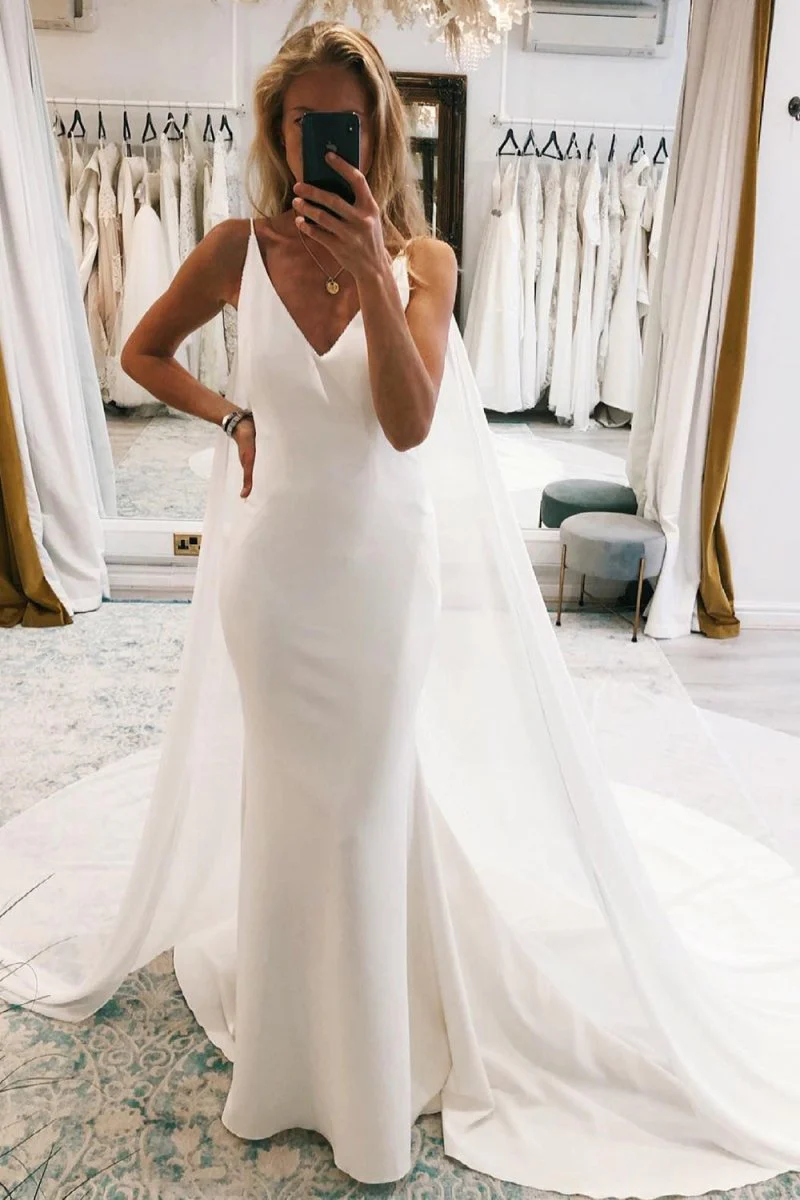 Kai | Simple White Watteau Train Boho Long Mermaid Wedding Dress