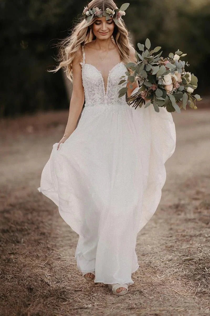 Roena | Fairy A-Line V-Neck Chiffon Long Wedding Dresses with Appliques