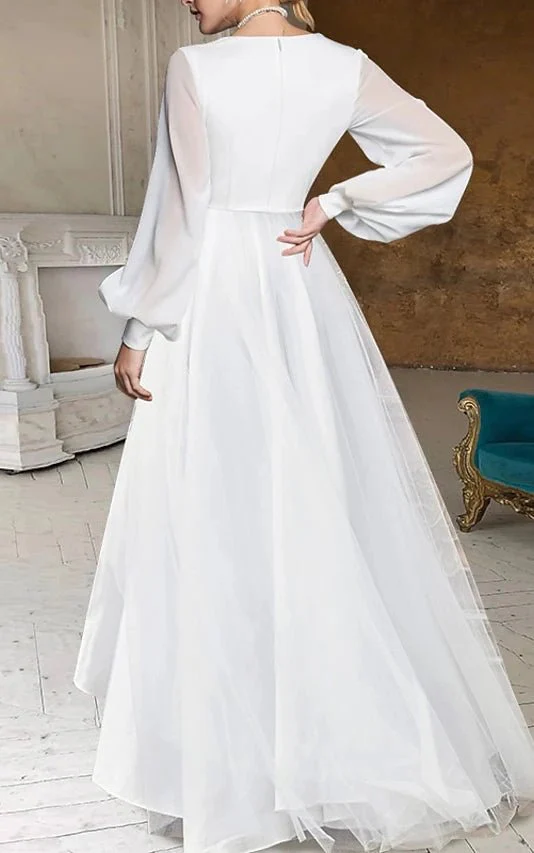 A-Line V-Neck Long Sleeves Elegant Casual Asymmetrical Chiffon Wedding Dress with Zipper Back