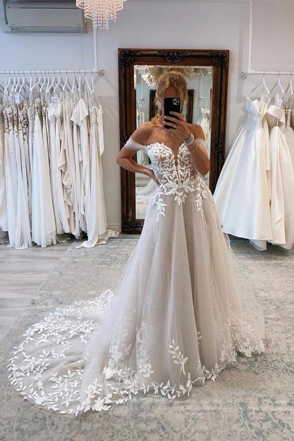 A-line Lace Beach Wedding Dress with Off Shoulder Tulle Appliques