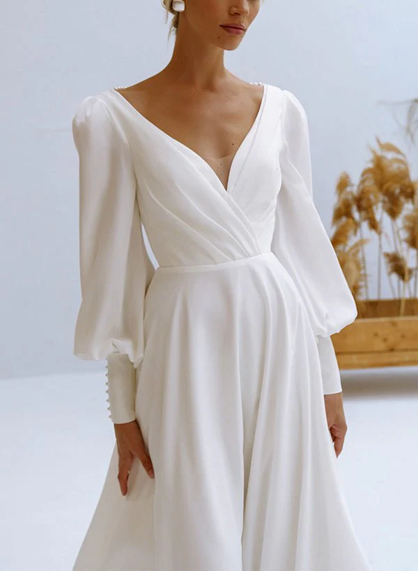 A-Line V-Neck Long Sleeves Chiffon Wedding Dresses With Beading