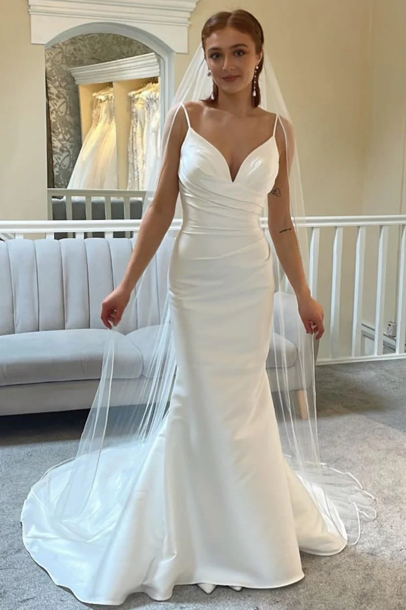 Ivory Spaghetti Strap Backless Mermaid Long Wedding Dress