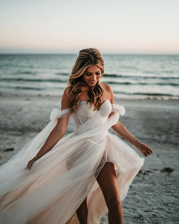 Fairy Off the Shoulder Tulle Wedding Dresses with Slit