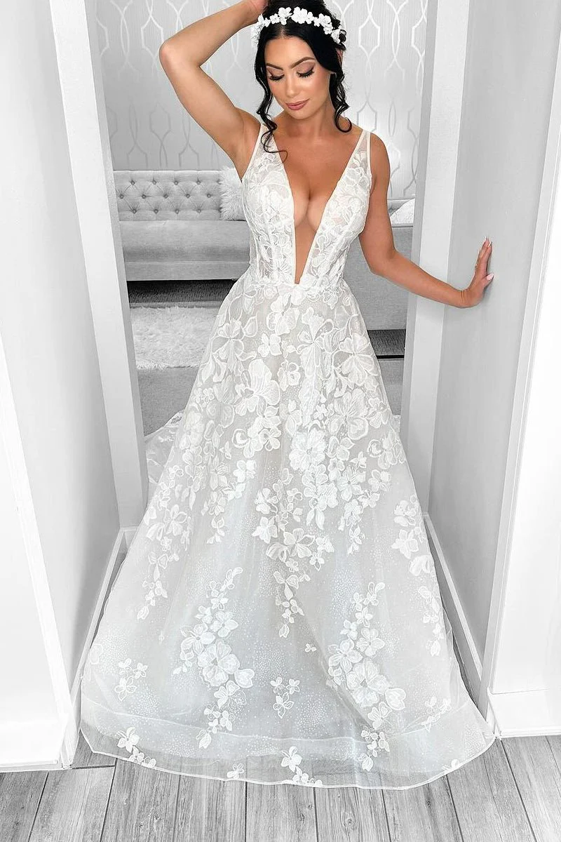 Sparkly A-Line V Neck Wedding Dresses with Appliques