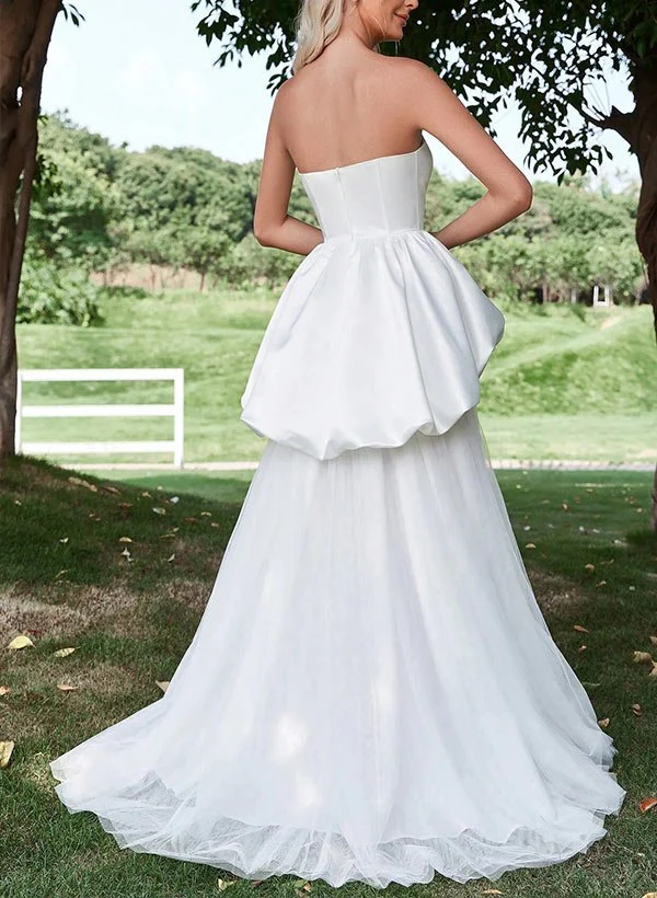 A-Line Strapless Sleeveless Sweep Train Satin Tulle Wedding Dresses With Cascading Ruffles