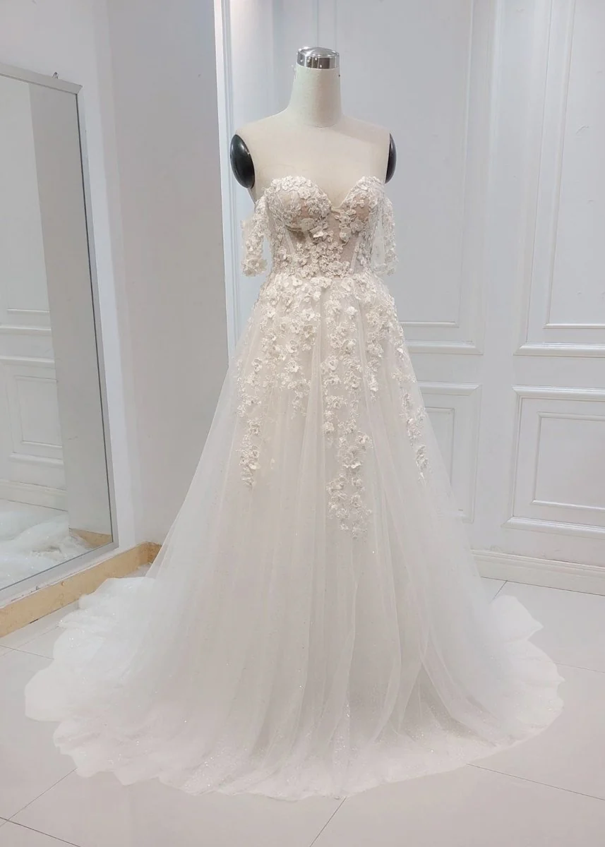 A-line White Off the Shoulder Wedding Dress With Flower Embroidery