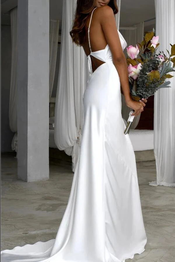 Mermaid Satin White Sweep Train Spaghetti Straps Wedding Dress