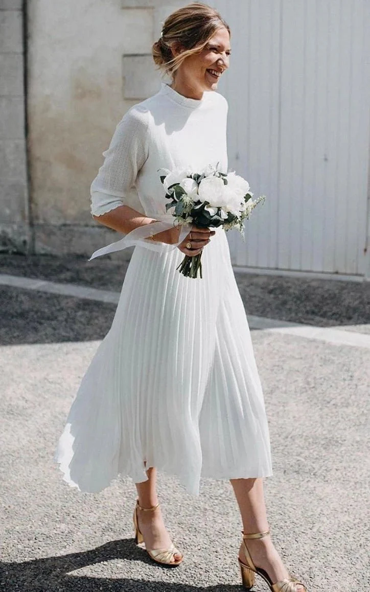 Vintage Modest Long Sleeve Wedding Dress with Pleats Simple Tea-length A-Line High Neck